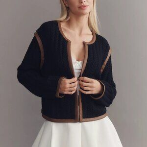 By Anthropologie Faux Leather Trim Cardigan Sweater M $148 NWT